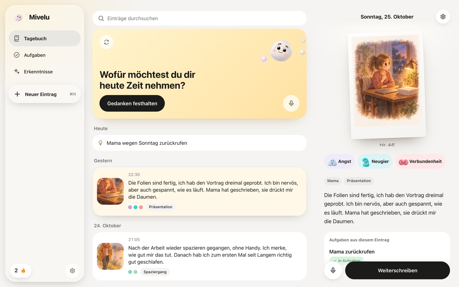 Mivelu im Browser: links die Einträge, rechts der geöffnete Eintrag mit Bild und Gefühlen