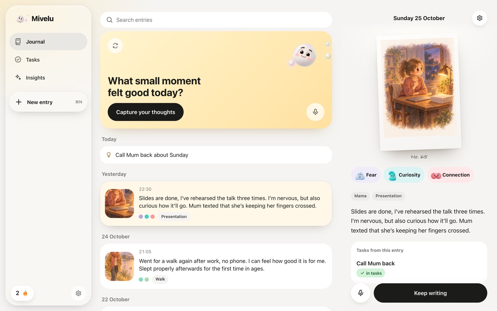 Mivelu in the browser: entries on the left, the open entry with picture and feelings on the right