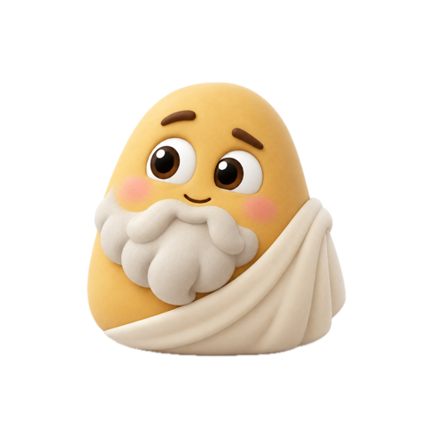 Socrates as a round Mivelu figure with a beard and a cloth over one shoulder